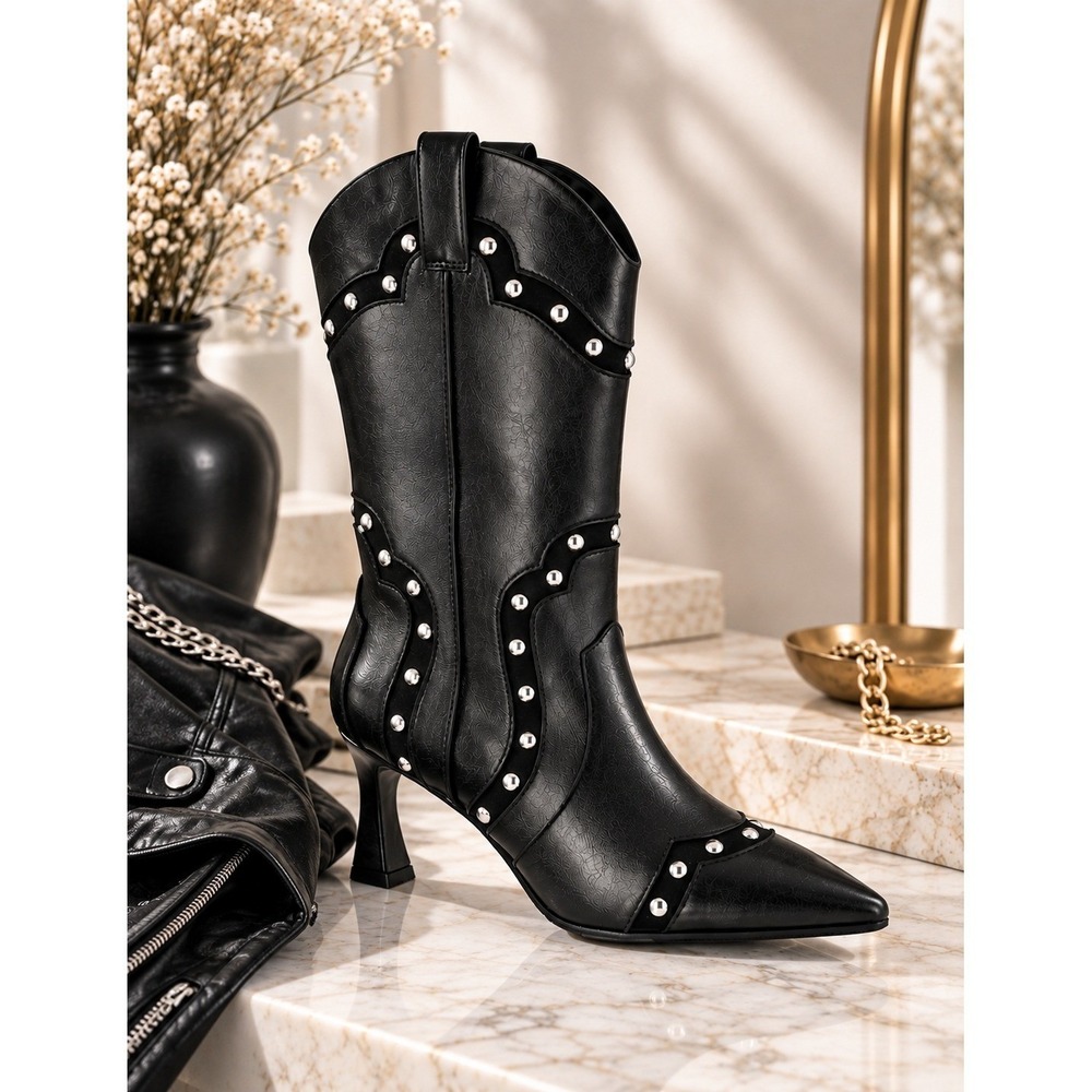 Black Studded Western Boots Pointed Toe Rocker Moto Kitten Heel Size 9 New NWT